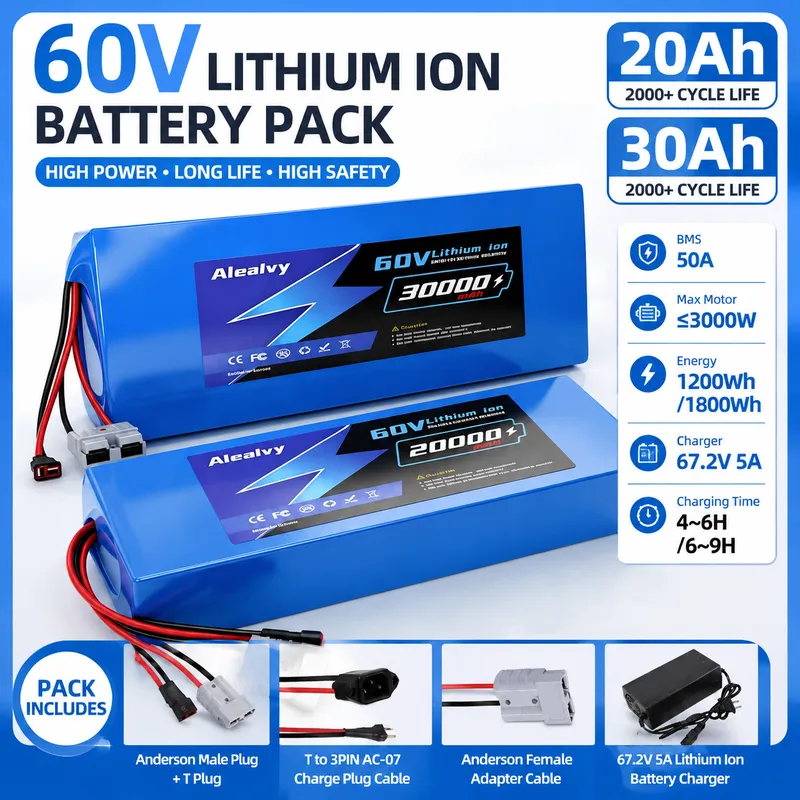 60V 30Ah 21700 Battery Pack - Aleaivy 60V 20AH 30AH 21700リチウムバッテリーパック、電動バイク・スクーター・自転車用、1000W 2000Wモーター対応、50A